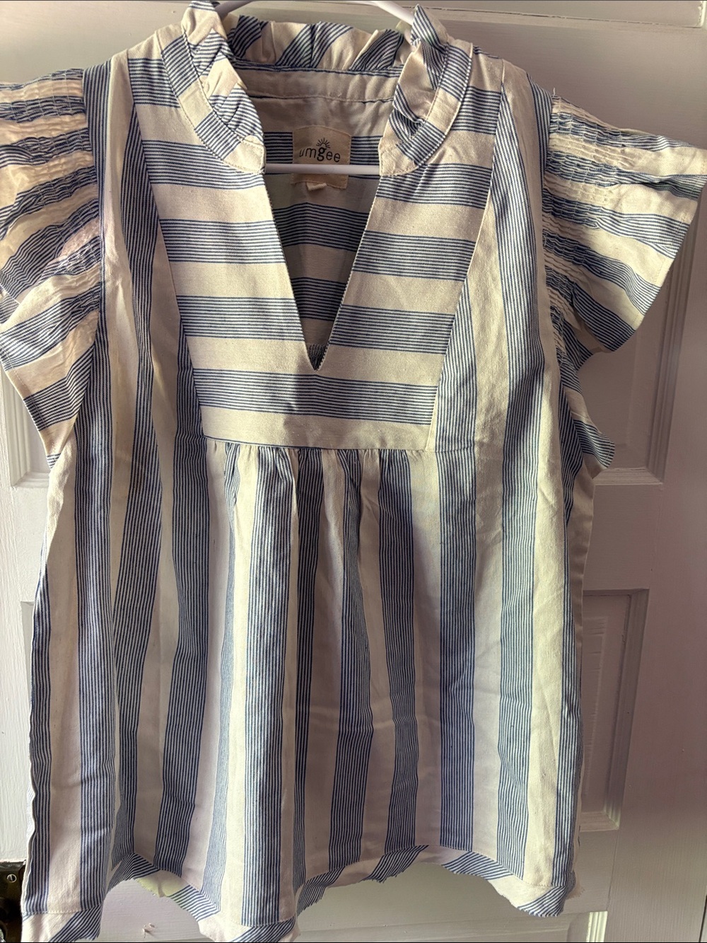 Umgee Navy and White Striped V-Neck Peasant Top